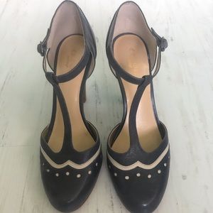 T Strap distressed denim blue heels